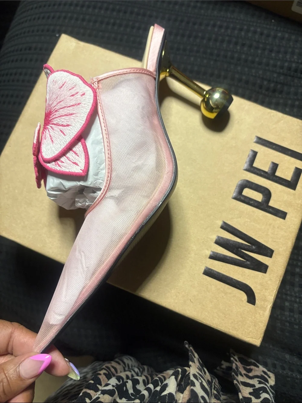 JW PEI Pink Floral Embroidered Pointed Toe Mule